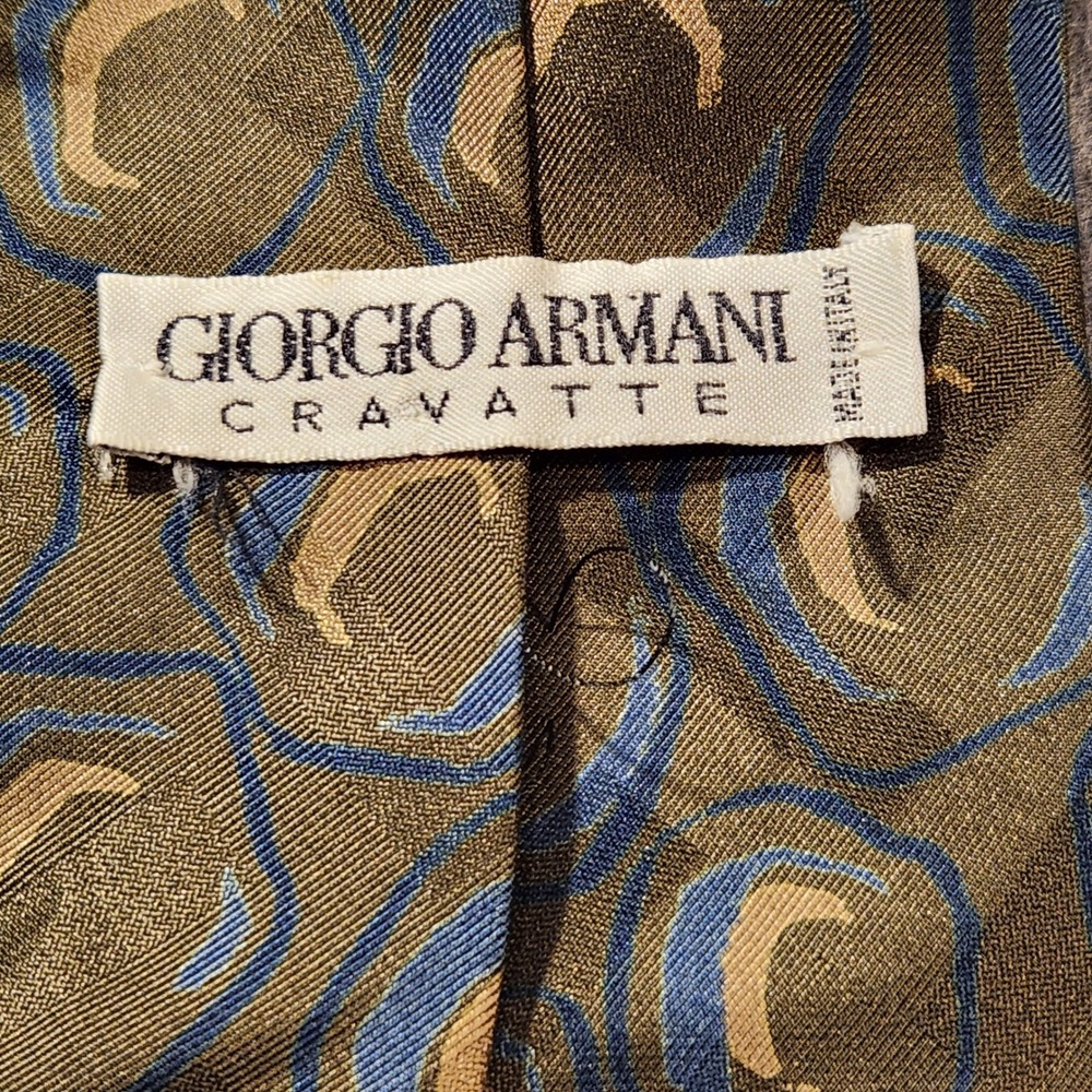 Vintage Giorgio Armani Cravatte Silk Tie Blue Gold Geometric‎ Made in Italy